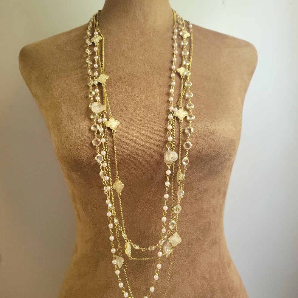 Set of 3 Gold Tone Faux Pearl Crystal Clover Layering Necklaces 36" Coquette